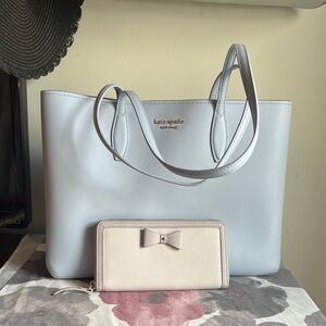 Kate Spade ♠️ Bleeker Large Light Blue Tote and Ribbon Wallet Set EUC